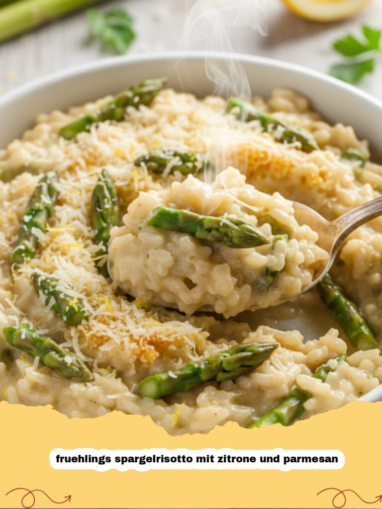 fruehlings spargelrisotto mit zitrone und parmesan - Cremiges Frühlings Spargelrisotto mit Zitrone und Parmesan, garniert mit frischen Kräutern.