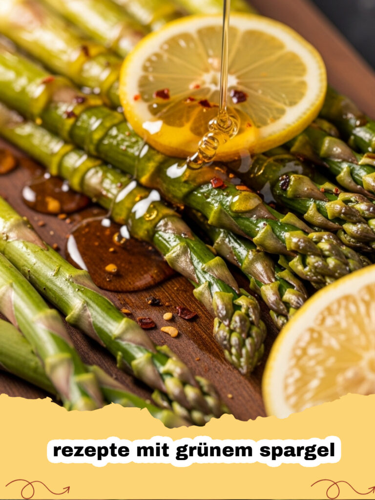 rezepte mit grünem spargel - Gebratener grüner Spargel mit Kirschtomaten, Knoblauch und Zitrone auf einem Teller.