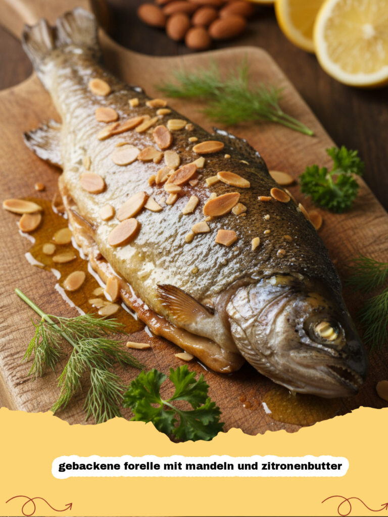 gebackene forelle mit mandeln und zitronenbutter - Frisch gebackene Forelle mit goldbraunen Mandeln und Zitronenbutter auf einem weißen Teller