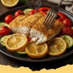 gebackener kabeljau mit zitrone und gemuese - Ein Blech mit golden gebackenem Kabeljau, umgeben von bunten Gemüsesorten wie Paprika, Zucchini und Kirschtomaten, garniert mit frischen Kräutern und Zitronenscheiben.