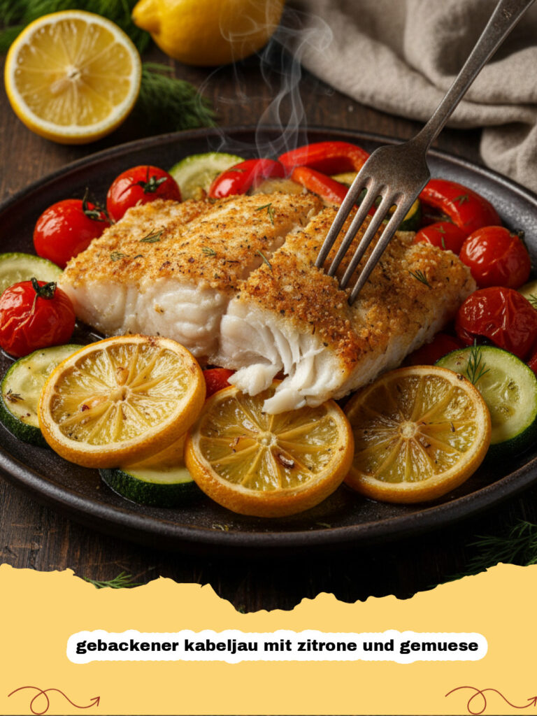 gebackener kabeljau mit zitrone und gemuese - Ein Blech mit golden gebackenem Kabeljau, umgeben von bunten Gemüsesorten wie Paprika, Zucchini und Kirschtomaten, garniert mit frischen Kräutern und Zitronenscheiben.