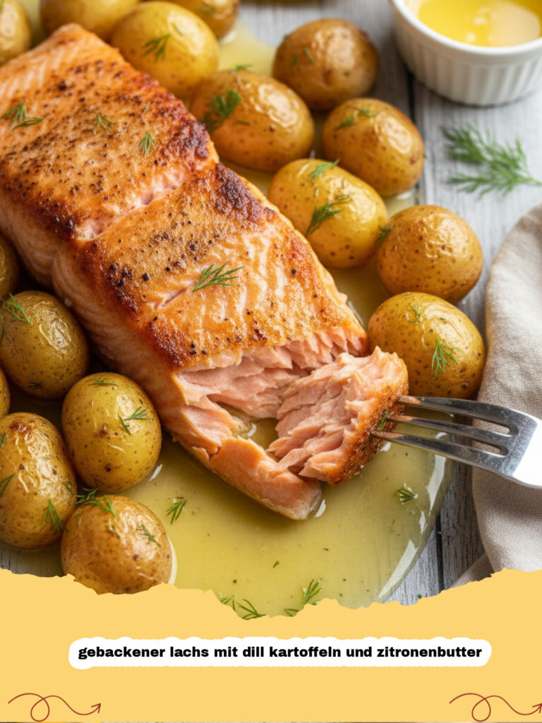 gebackener lachs mit dill kartoffeln und zitronenbutter - Ein appetitliches Bild von gebackenem Lachs mit Dill-Kartoffeln und Zitronenbutter, garniert mit frischem Dill und Zitronenspalten.