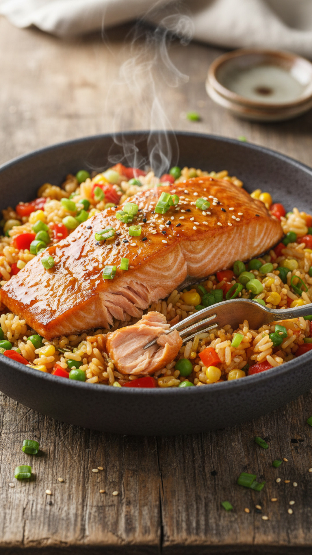 Gebackener Lachs mit Miso-Honig-Glasur auf Gemüsereis Preparation