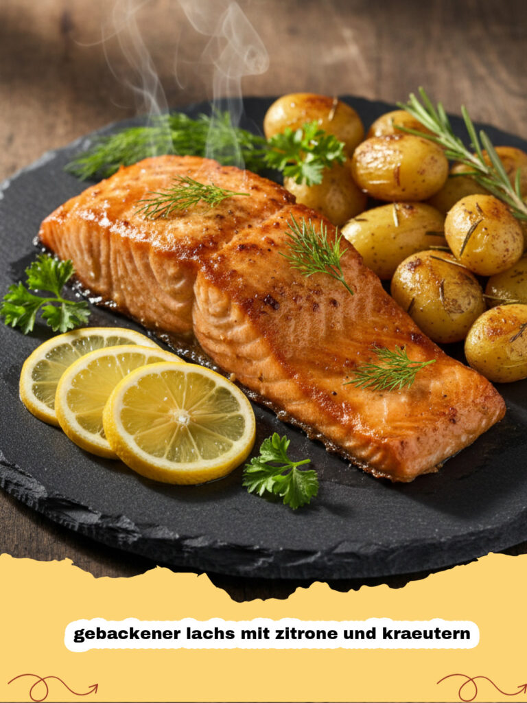 gebackener lachs mit zitrone und kraeutern - Saftiger gebackener Lachs mit Zitronenscheiben und frischen Kräutern auf einem Backblech