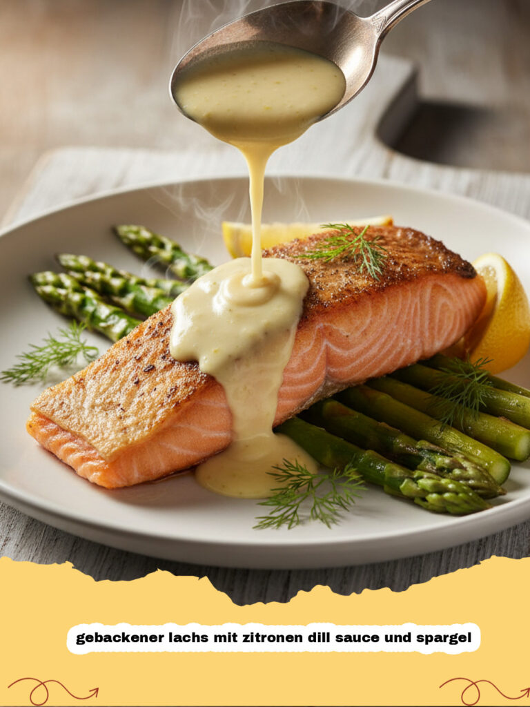 gebackener lachs mit zitronen dill sauce und spargel - Ein Teller mit gebackenem Lachs, Zitronen-Dill-Sauce und grünem Spargel, appetitlich angerichtet