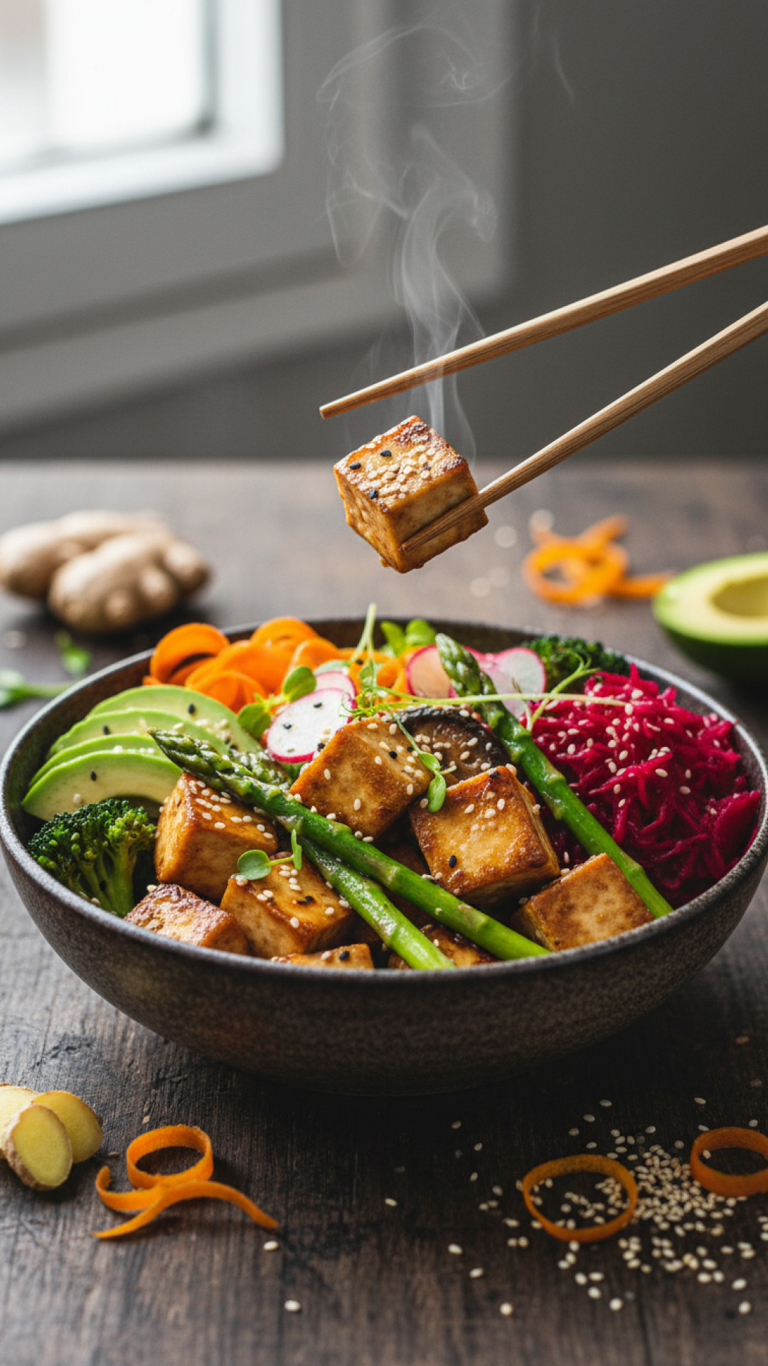 Gebratene Tofu Bowl mit Gemüse und Misopaste Preparation