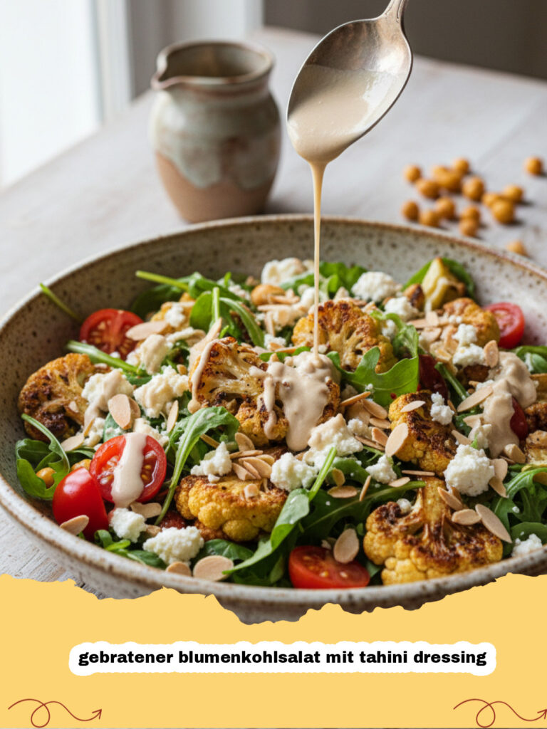 gebratener blumenkohlsalat mit tahini dressing - Schüssel mit gebratenem Blumenkohlsalat mit Tahini Dressing und Granatapfelkernen