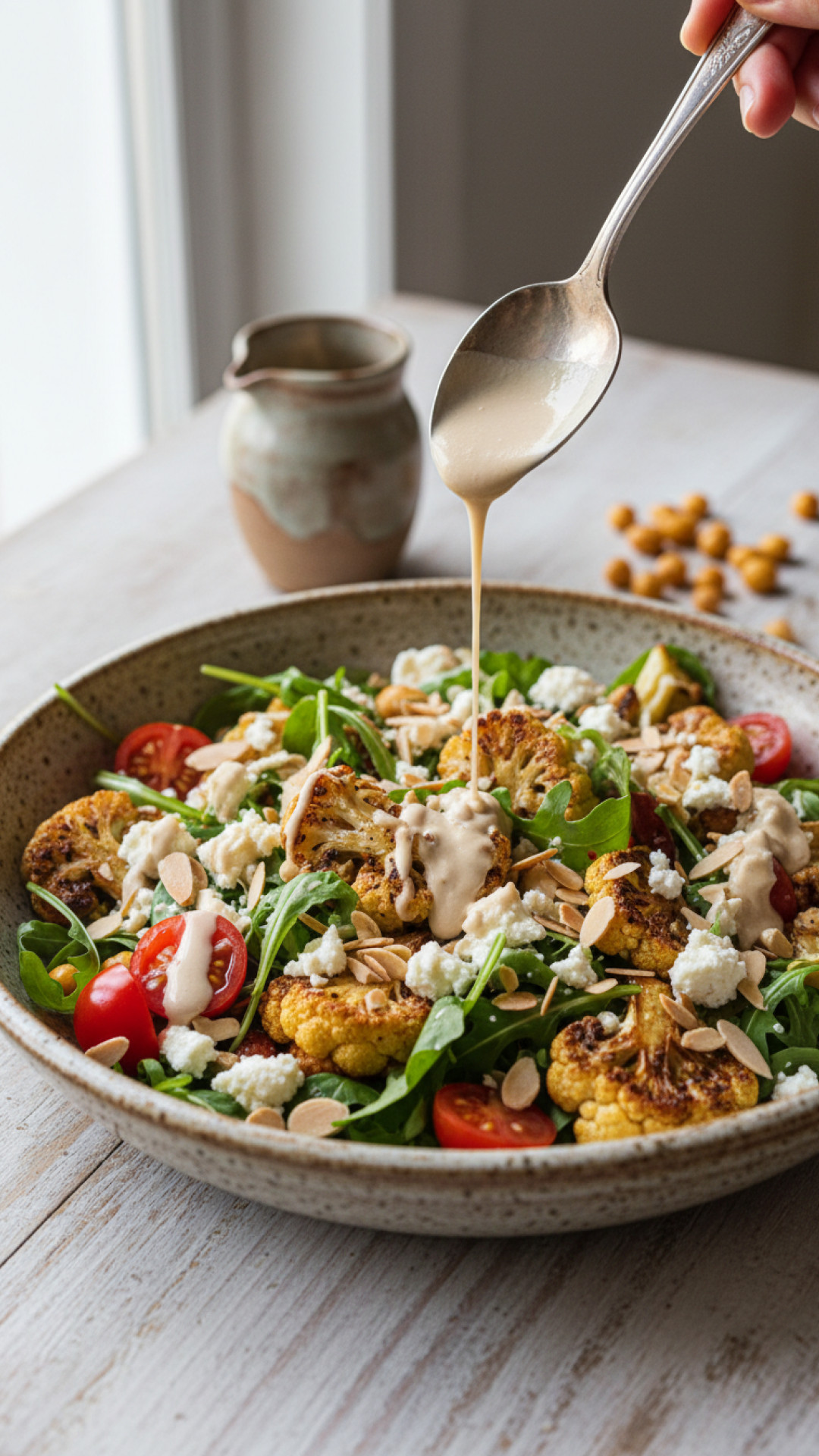 Gebratener Blumenkohlsalat mit Tahini Dressing Preparation