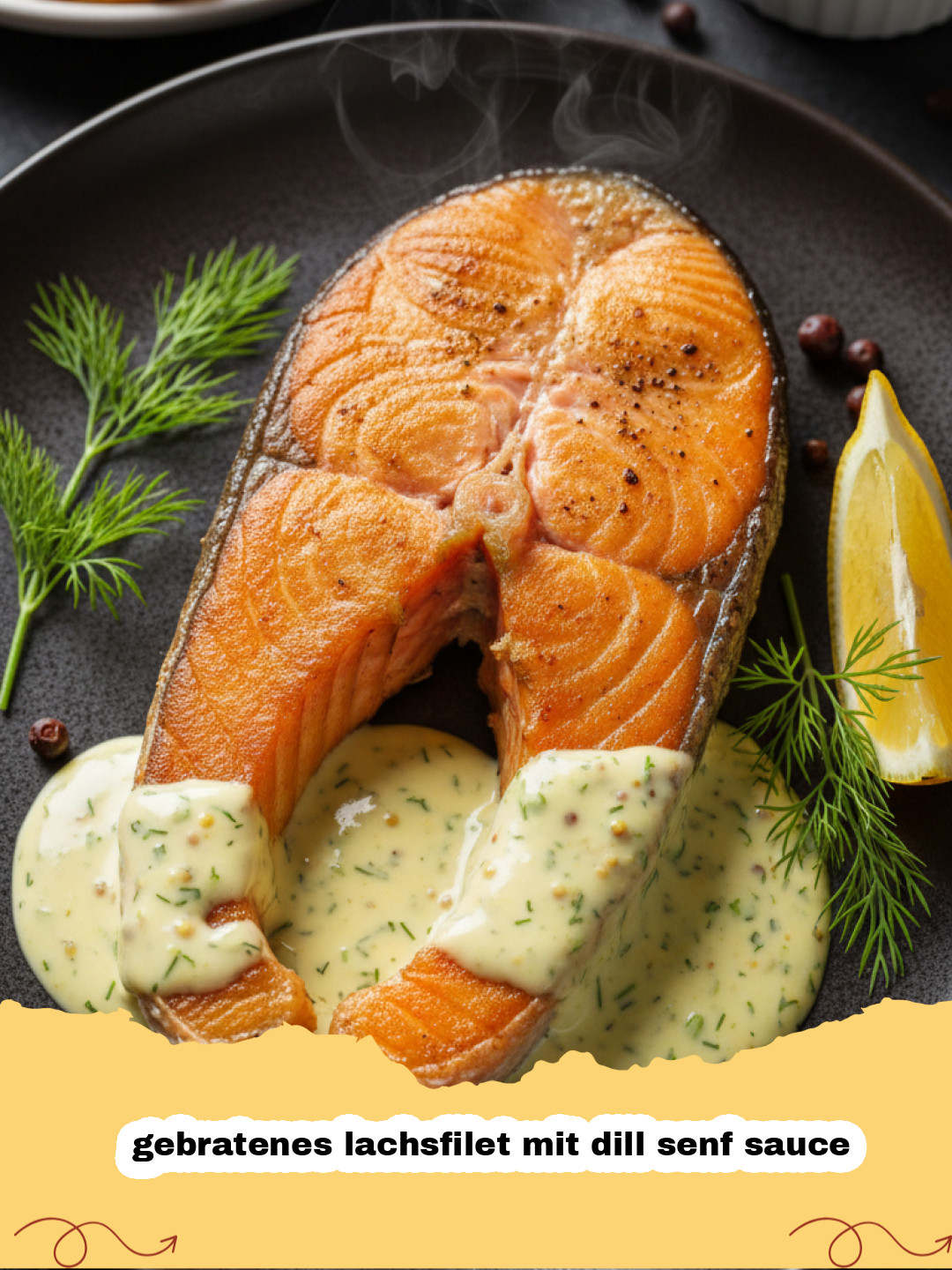gebratenes lachsfilet mit dill senf sauce - Ein appetitliches gebratenes Lachsfilet mit knuspriger Haut, übergossen mit cremiger Dill-Senf-Sauce und garniert mit frischem Dill.