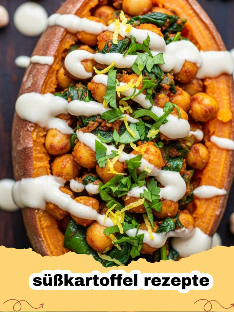 süßkartoffel rezepte - Gefüllte Süßkartoffel mit Kichererbsen und Feta auf einem Teller