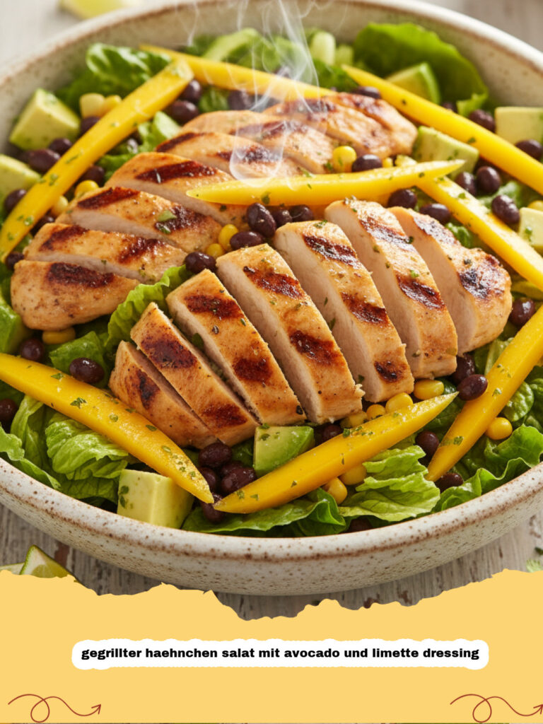 Ein bunter gegrillter haehnchen salat mit avocado und limette dressing in einer weißen Schüssel.