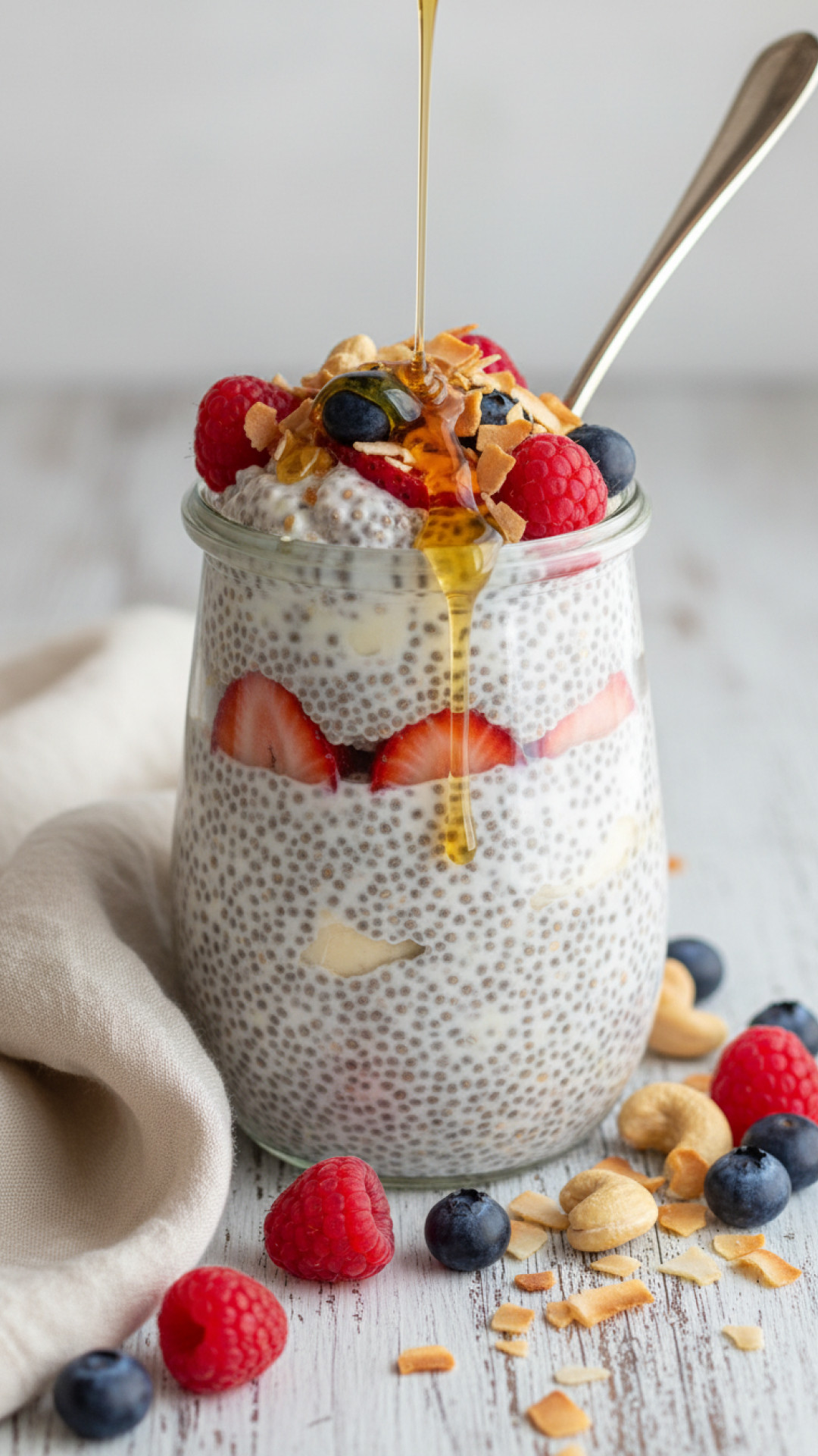 Gesunder Chia Pudding mit gemischten Beeren und Nüssen Preparation