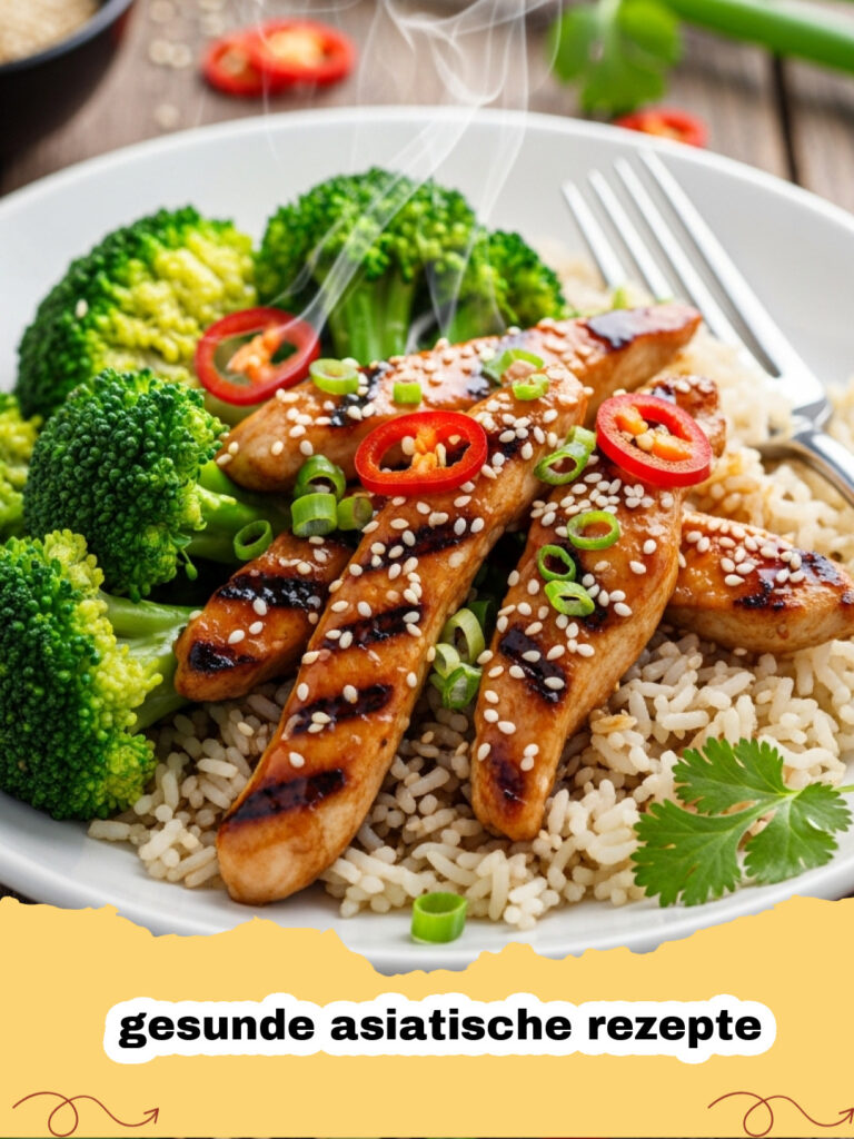 gesunde asiatische rezepte - Ein buntes, gesundes Thai-Tofu-Curry mit Kokosmilch, Brokkoli, Karotten und Paprika in einer weißen Schale, garniert mit frischem Koriander, daneben eine Gabel und ein kleiner Reisberg.