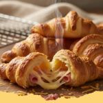 hausgemachte kaese schinken croissants vom blech - Frisch gebackene, goldbraune Käse-Schinken-Croissants auf einem Backblech