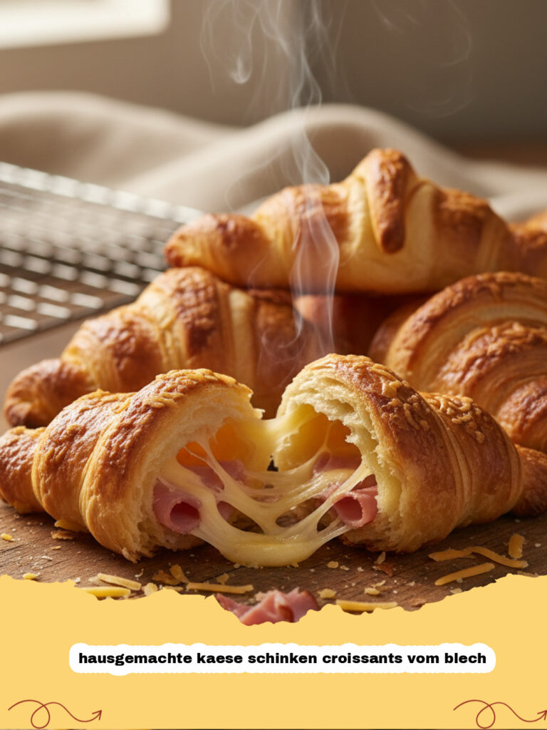 hausgemachte kaese schinken croissants vom blech - Frisch gebackene, goldbraune Käse-Schinken-Croissants auf einem Backblech