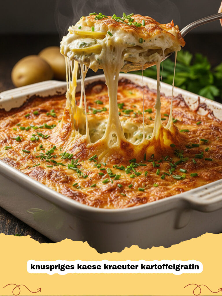 knuspriges kaese kraeuter kartoffelgratin - Knuspriges Käse-Kräuter-Kartoffelgratin in einer Auflaufform, goldbraun gebacken mit geschmolzenem Käse und frischen Kräutern