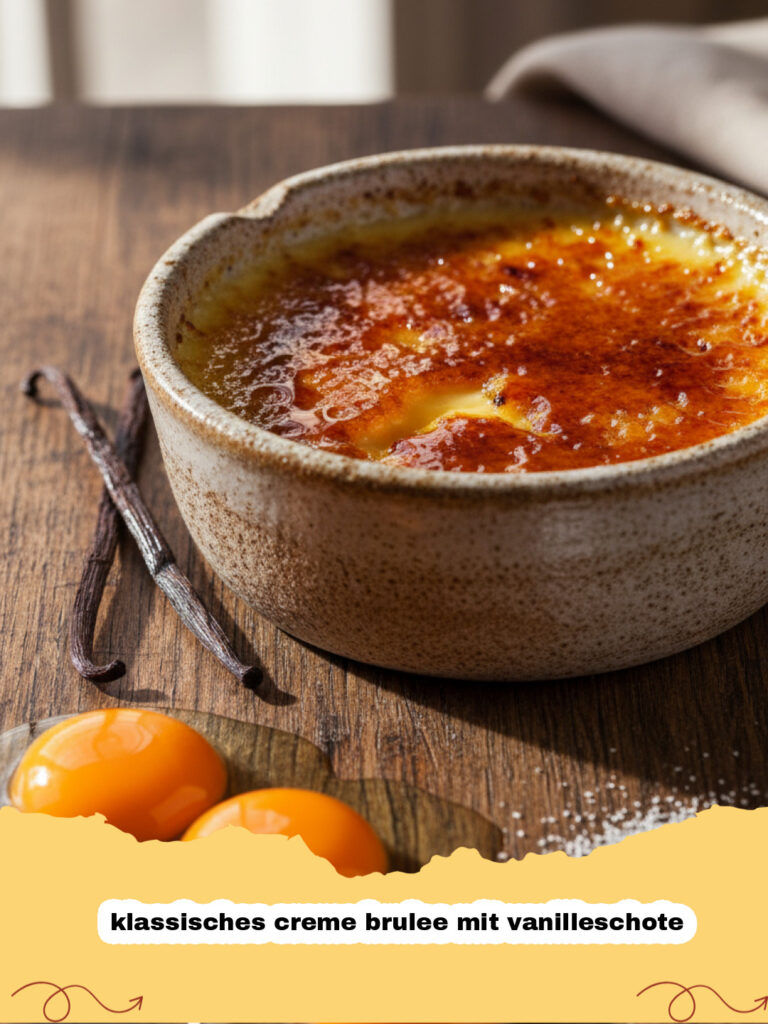 klassisches creme brulee mit vanilleschote - Klassisches Crème Brûlée mit Vanilleschote in einem Schälchen mit knackiger Kruste