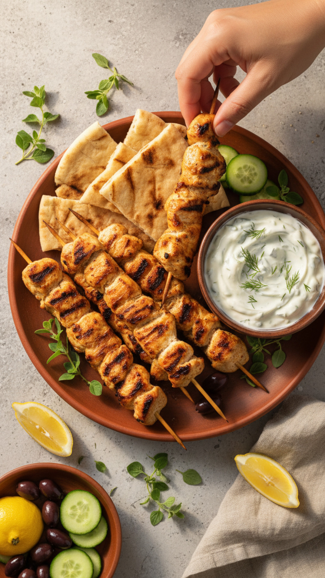 Griechische Lamm Spieße Souvlaki mit Tzatziki und Fladenbrot Preparation