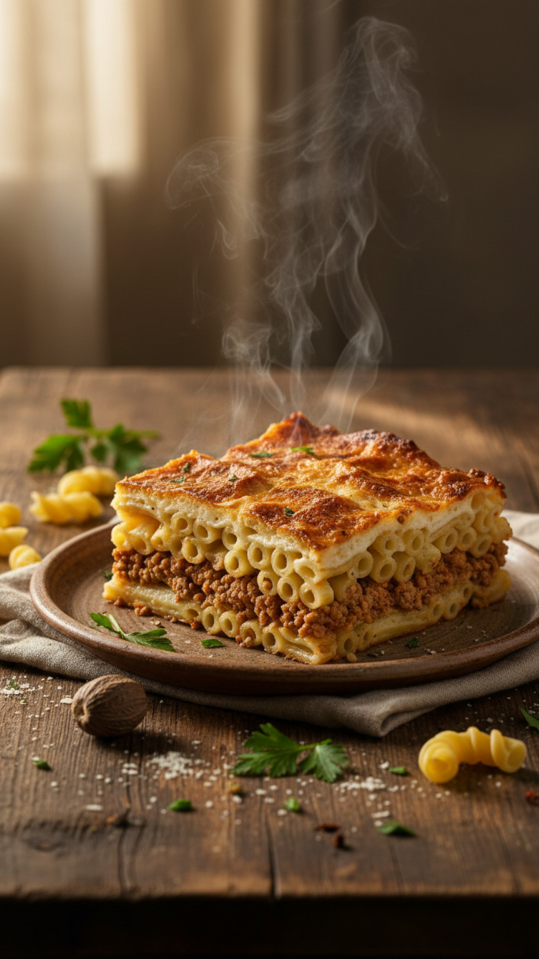 Griechische Pastitsio Makkaroni Auflauf mit Lammhack und Bechamel Preparation