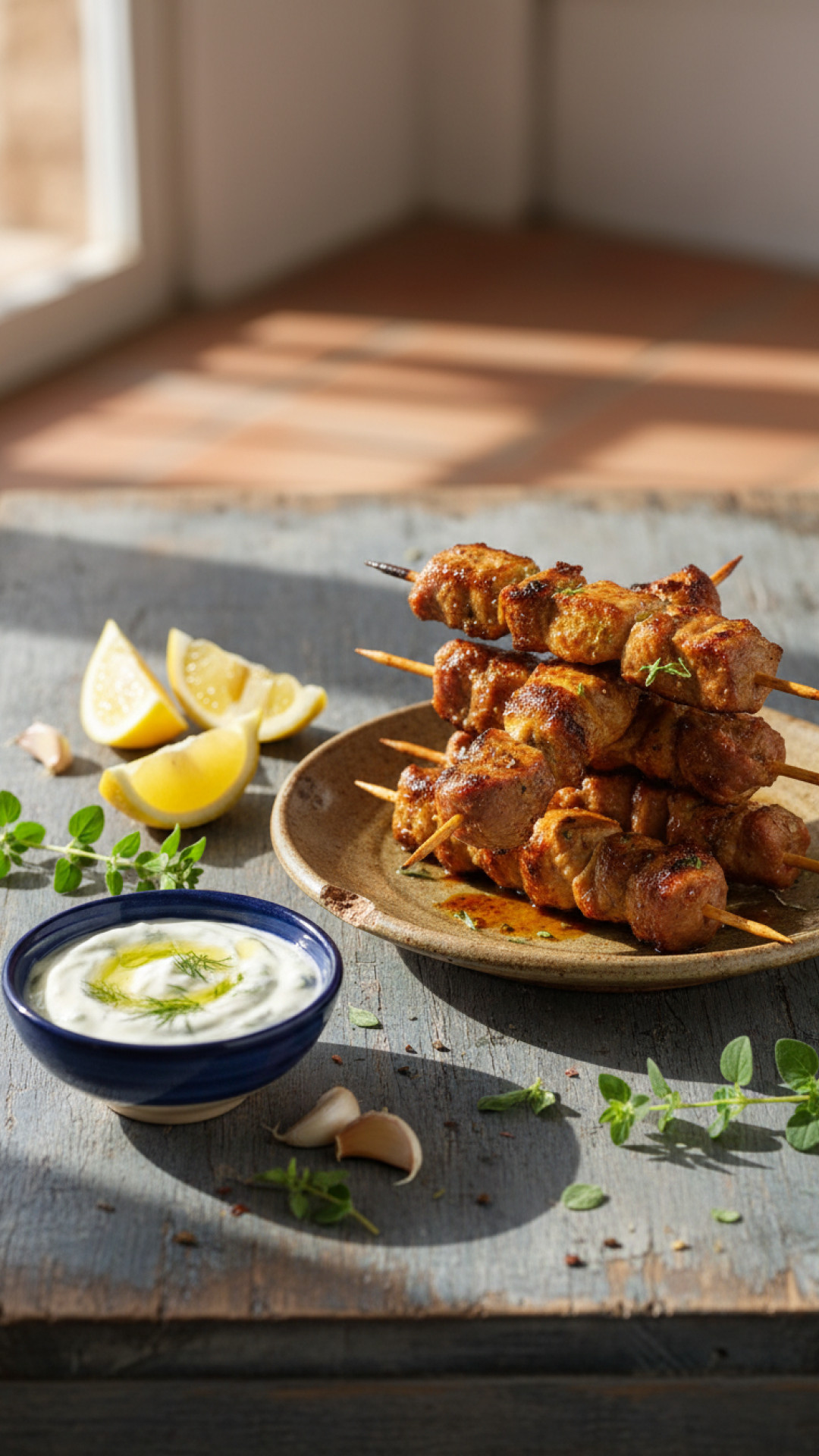 Griechische Souvlaki Spieße mit Lamm und Tzatziki Preparation