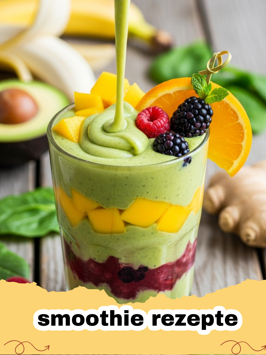 smoothie rezepte - Grüner Power-Smoothie in einem Glas, umgeben von frischen Zutaten wie Spinat, Banane und Apfel, bereit für einen energiegeladenen Start in den Tag.