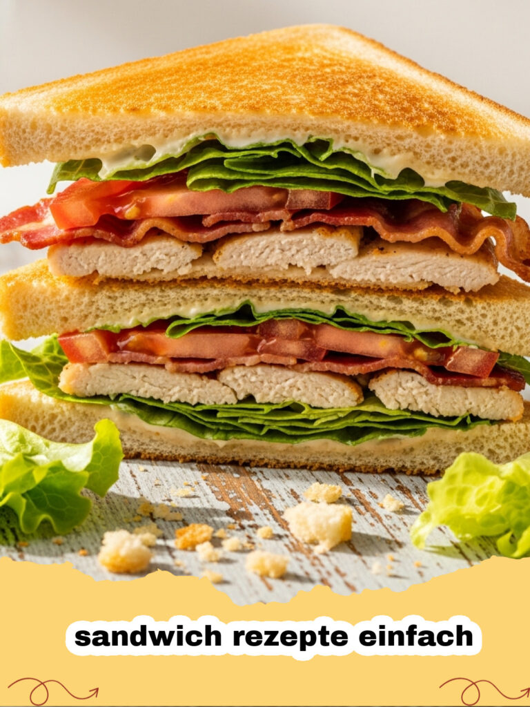 sandwich rezepte einfach - Ein appetitliches Hähnchen-Avocado-Sandwich auf rustikalem Brot, diagonal geschnitten und garniert mit frischen Kräutern.