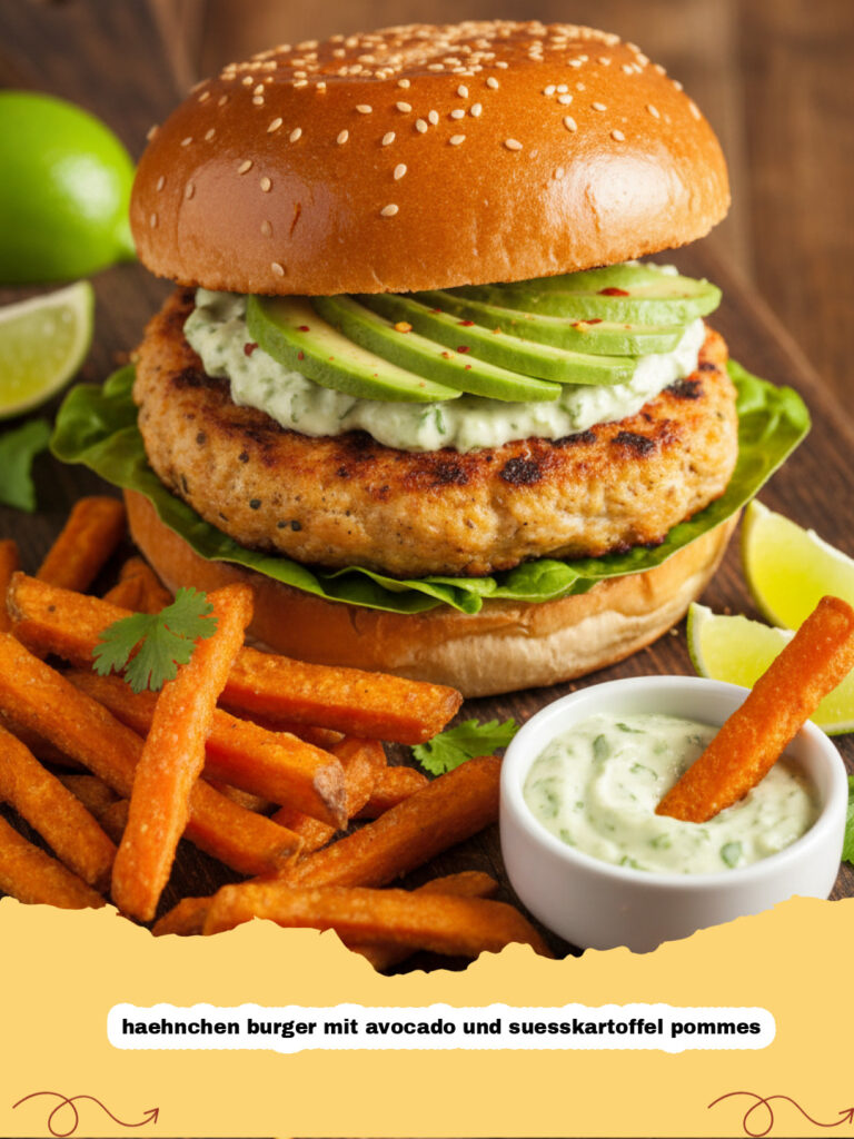 haehnchen burger mit avocado und suesskartoffel pommes - Ein appetitlicher Hähnchen Burger mit Avocado und Süßkartoffel Pommes auf einem Teller angerichtet.
