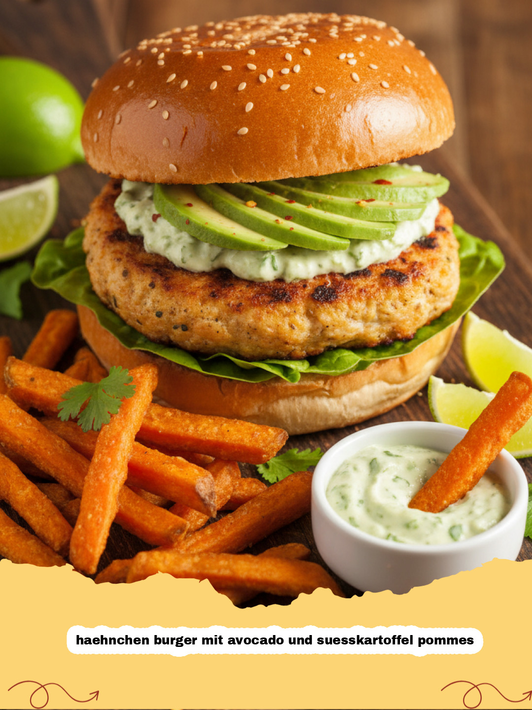 haehnchen burger mit avocado und suesskartoffel pommes - Ein appetitlicher Hähnchen Burger mit Avocado und Süßkartoffel Pommes auf einem Teller angerichtet.