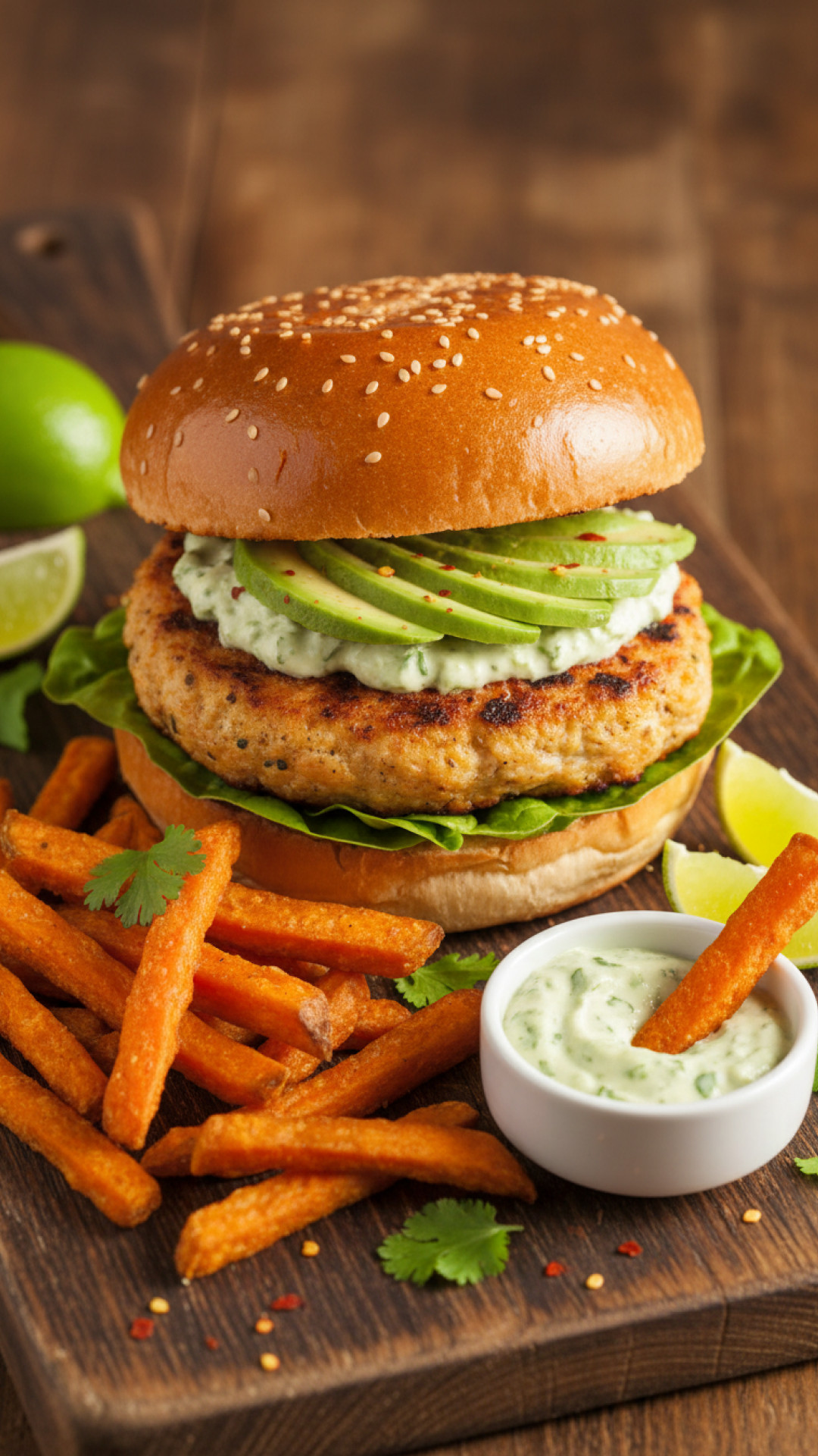 Hähnchen Burger mit Avocado und Süßkartoffel Pommes Preparation