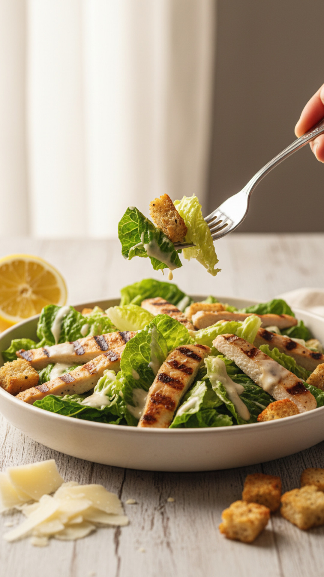 Hähnchen Caesar Salad Bowl mit selbstgemachten Croutons Preparation