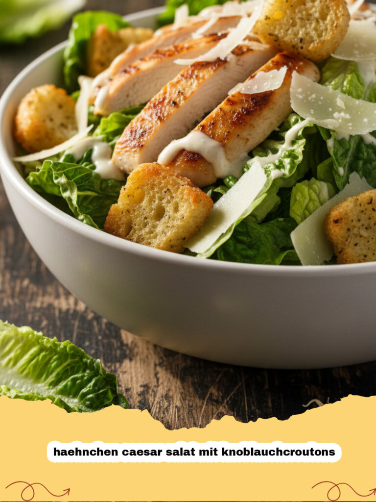 haehnchen caesar salat mit knoblauchcroutons - Ein köstlicher Hähnchen Caesar Salat mit goldbraunen Knoblauchcroutons auf einem weißen Teller