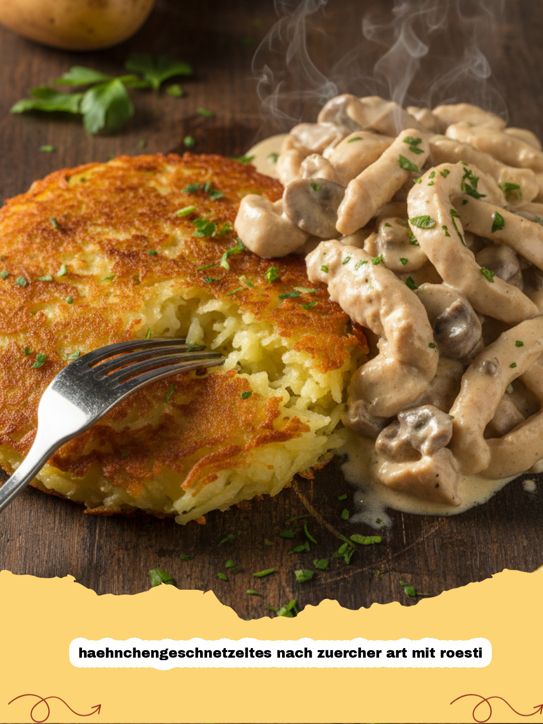 Zartes Hähnchengeschnetzeltes nach Zürcher Art: Ein Schweizer Klassiker mit knusprigen Rösti