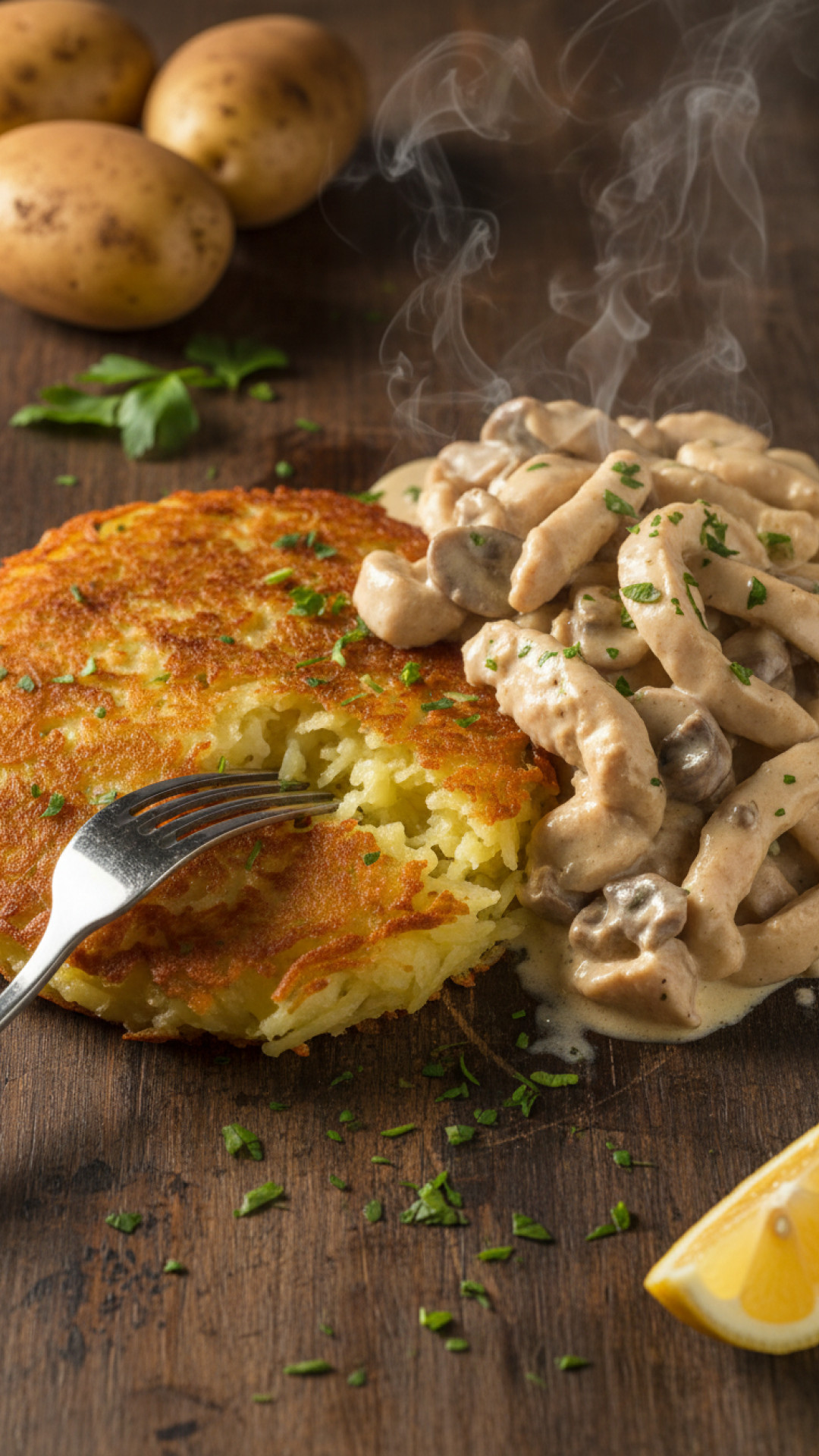 Hähnchengeschnetzeltes nach Zürcher Art mit Rösti Preparation