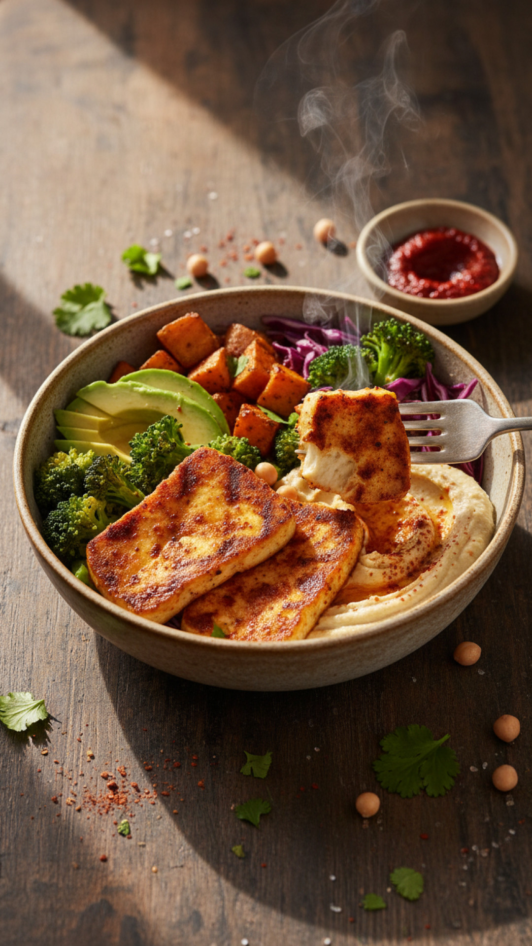 Harissa Halloumi Bowl mit Süßkartoffel und Brokkoli Preparation