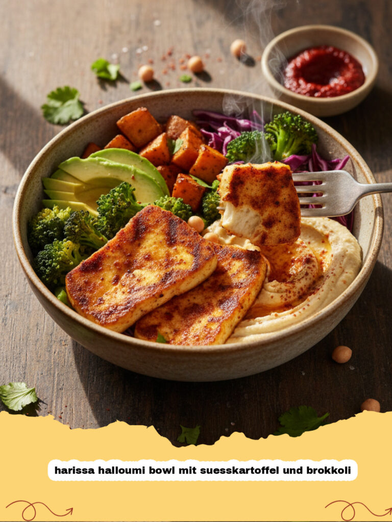 harissa halloumi bowl mit suesskartoffel und brokkoli - Harissa Halloumi Bowl mit Süßkartoffel und Brokkoli fertig angerichtet