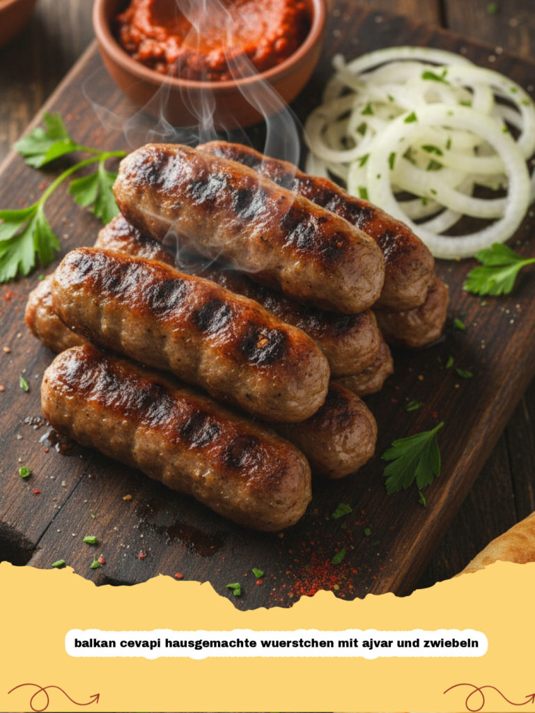 balkan cevapi hausgemachte wuerstchen mit ajvar und zwiebeln - Balkan Cevapi hausgemachte Würstchen auf einem Teller mit Ajvar und Zwiebeln