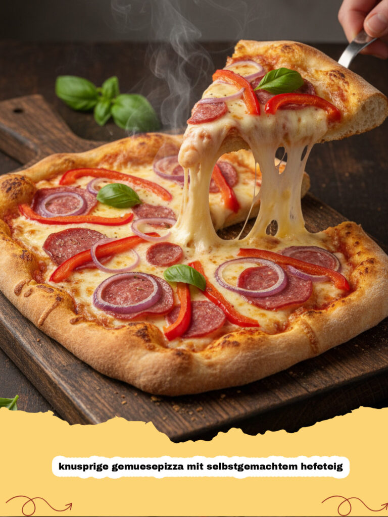 knusprige gemuesepizza mit selbstgemachtem hefeteig - Frisch gebackene knusprige Gemüsepizza mit buntem Gemüse auf einem Holzbrett