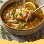 haeusliche huehnersuppe mit nudeln - Eine große Schüssel dampfende haeusliche Huehnersuppe mit Nudeln, Petersilie und Hähnchenstücken auf einem Holztisch.