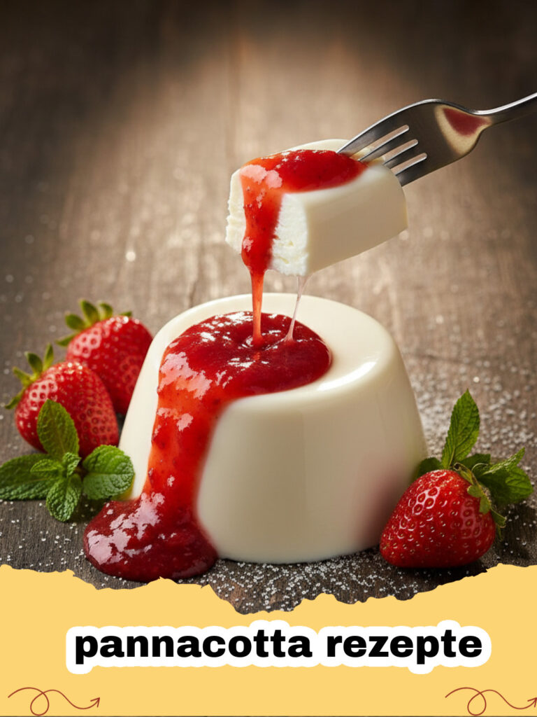 pannacotta rezepte - Klassische Panna Cotta auf einem Teller mit Himbeersauce