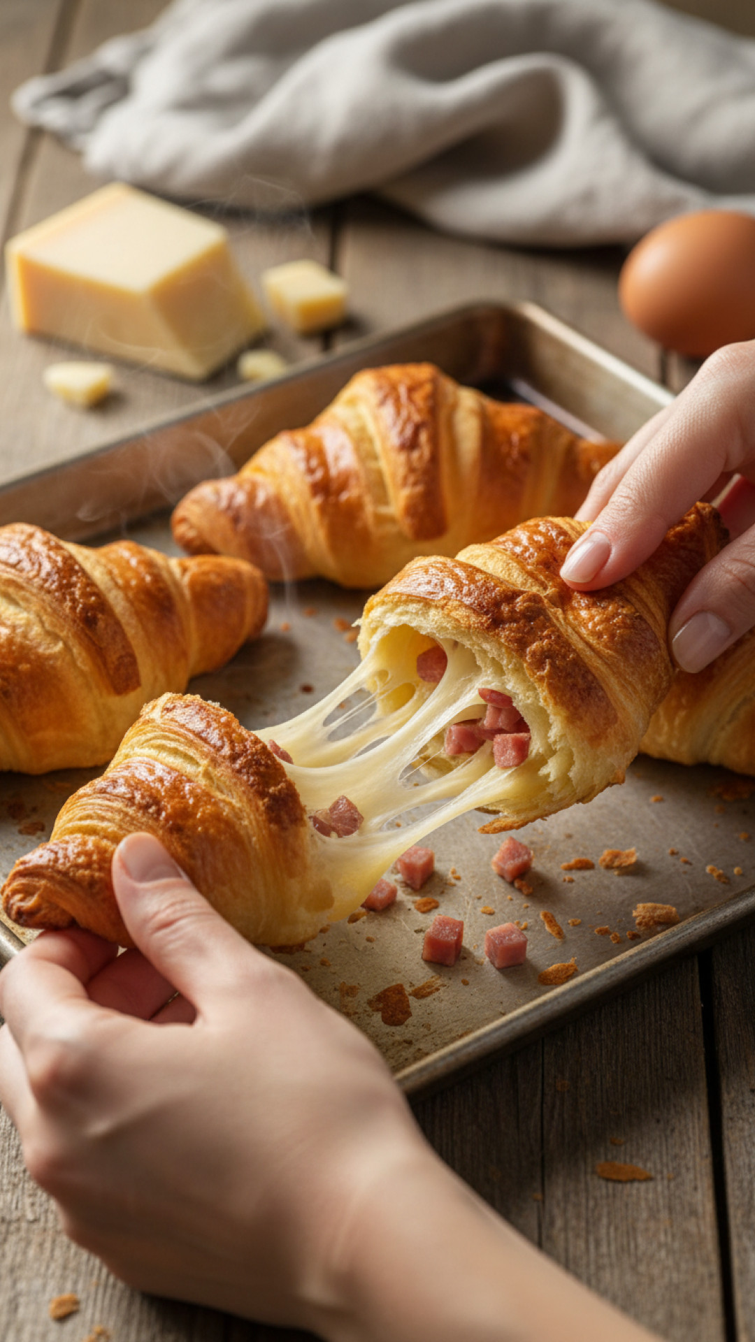 Hausgemachte Käse-Schinken-Croissants vom Blech Preparation