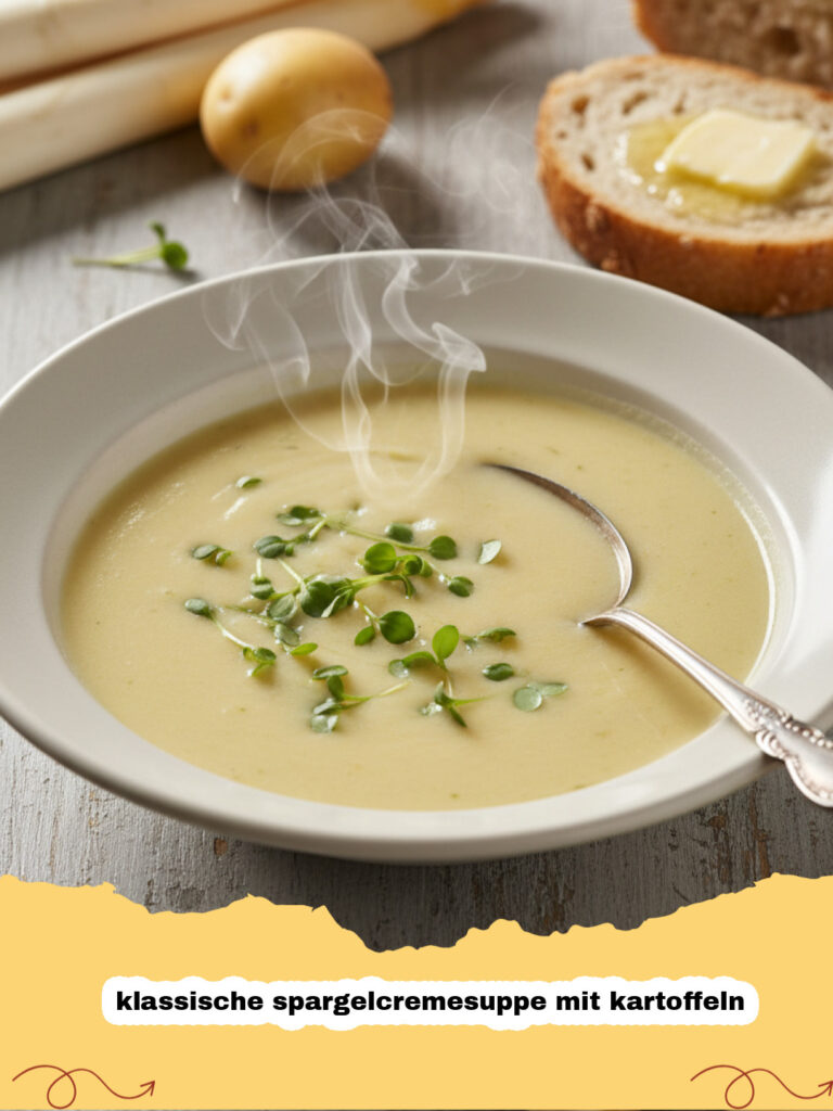 Eine Schüssel cremige klassische spargelcremesuppe mit kartoffeln garniert mit Schnittlauch