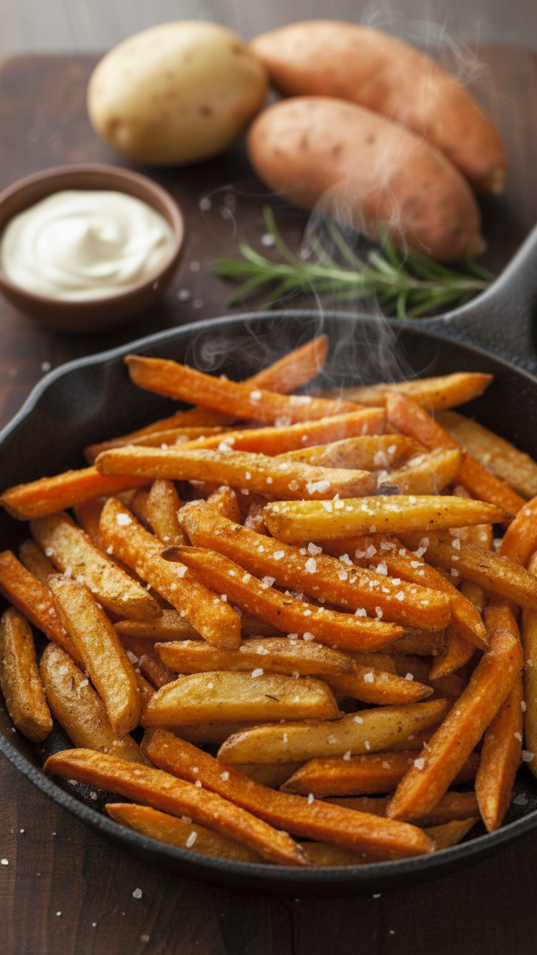 Hausgemachte Ofen Pommes mit Kartoffel und Süßkartoffel Preparation