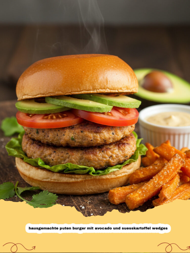 hausgemachte puten burger mit avocado und suesskartoffel wedges - Ein appetitlicher hausgemachter Puten Burger mit cremiger Avocado, frischem Salat und knusprigen Süßkartoffel Wedges auf einem Teller angerichtet.