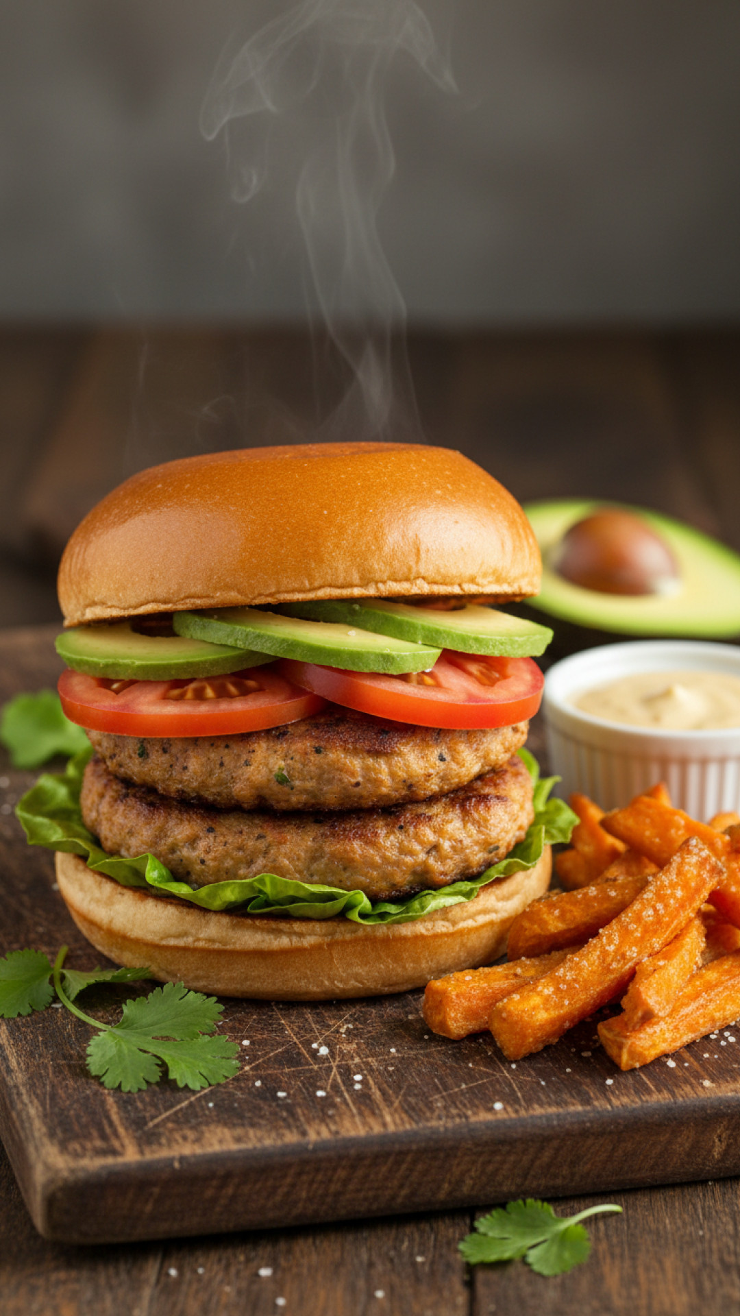 Hausgemachte Puten Burger mit Avocado und Süßkartoffel Wedges Preparation