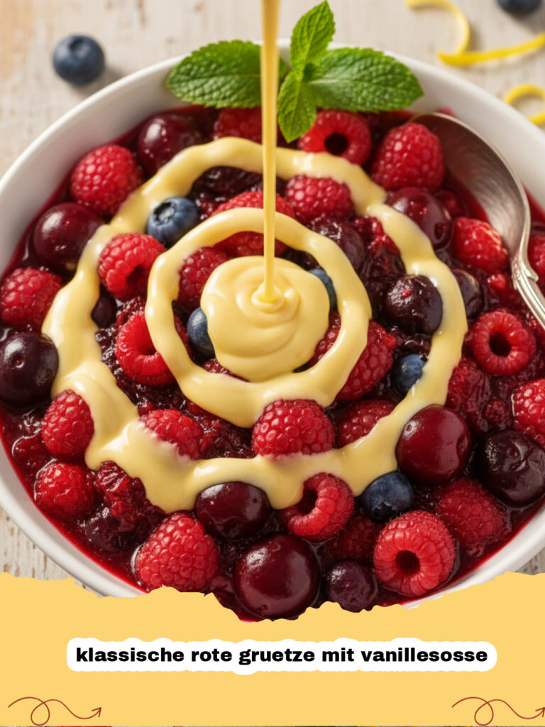 klassische rote gruetze mit vanillesosse - Klassische rote Grütze in einer Glasschale mit Vanillesoße übergossen