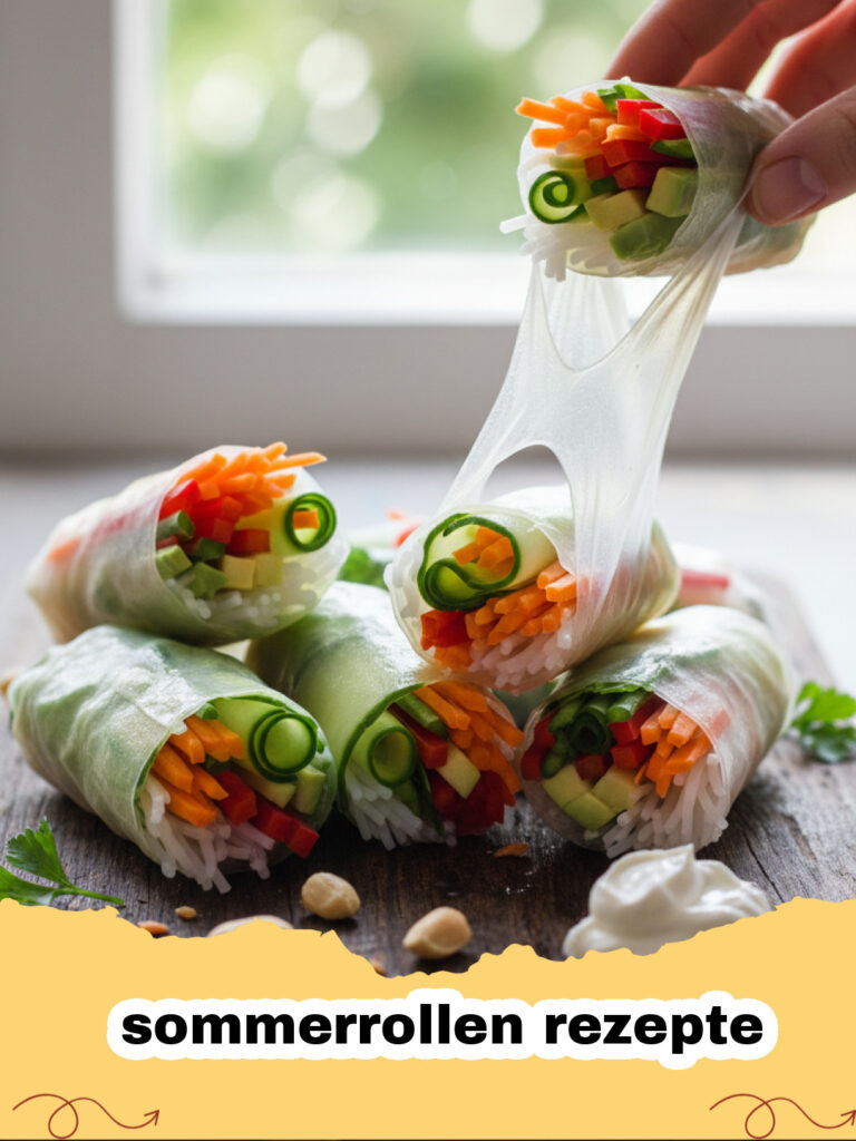 sommerrollen rezepte - Frische vietnamesische Sommerrollen mit Erdnuss-Dip auf einem Teller