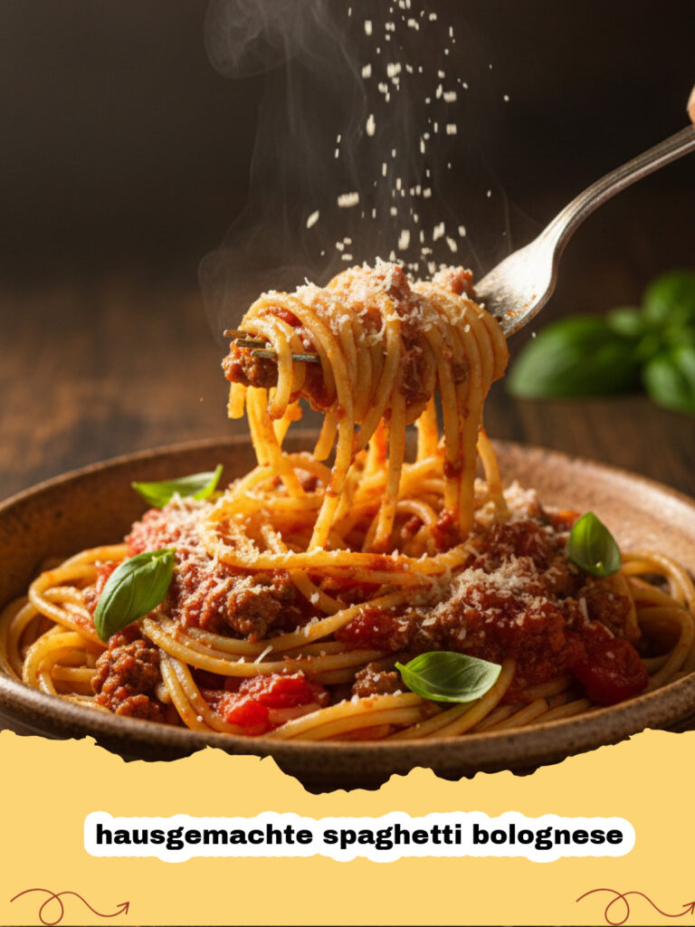 hausgemachte spaghetti bolognese - Eine köstliche hausgemachte Spaghetti Bolognese, frisch zubereitet und mit Parmesan garniert, serviert auf einem Teller.
