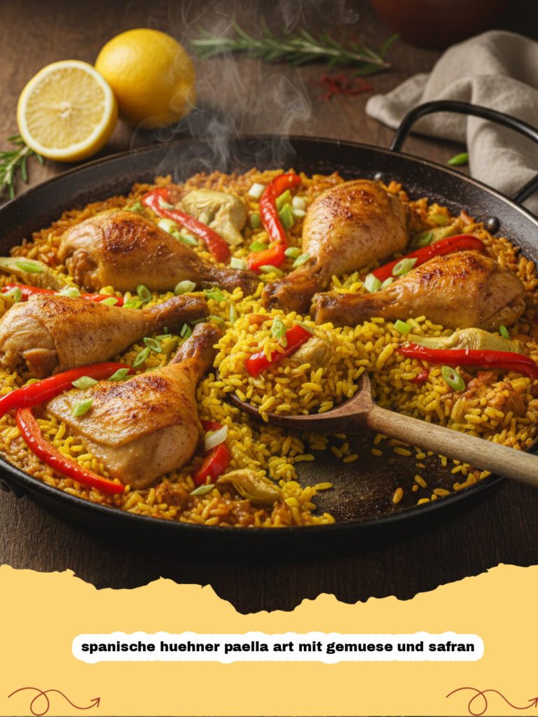 Authentische spanische huehner paella art mit gemuese und safran in einer Pfanne serviert
