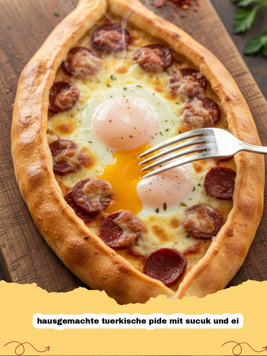 hausgemachte tuerkische pide mit sucuk und ei - Frisch gebackene hausgemachte türkische Pide mit würzigem Sucuk, einem Spiegelei und frischer Petersilie auf einem Holzbrett, bereit zum Servieren.