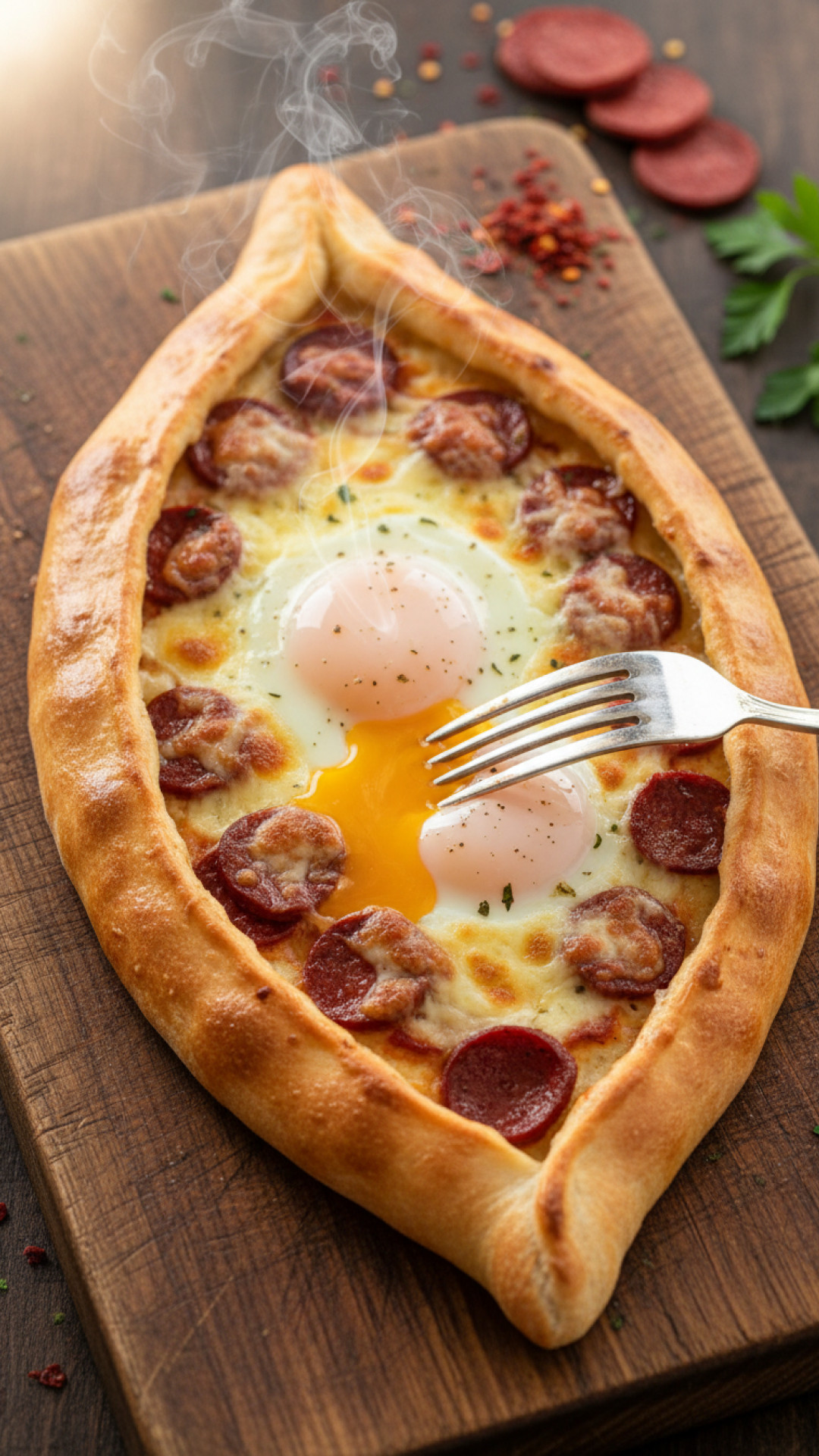 Hausgemachte Türkische Pide mit Sucuk und Ei Preparation